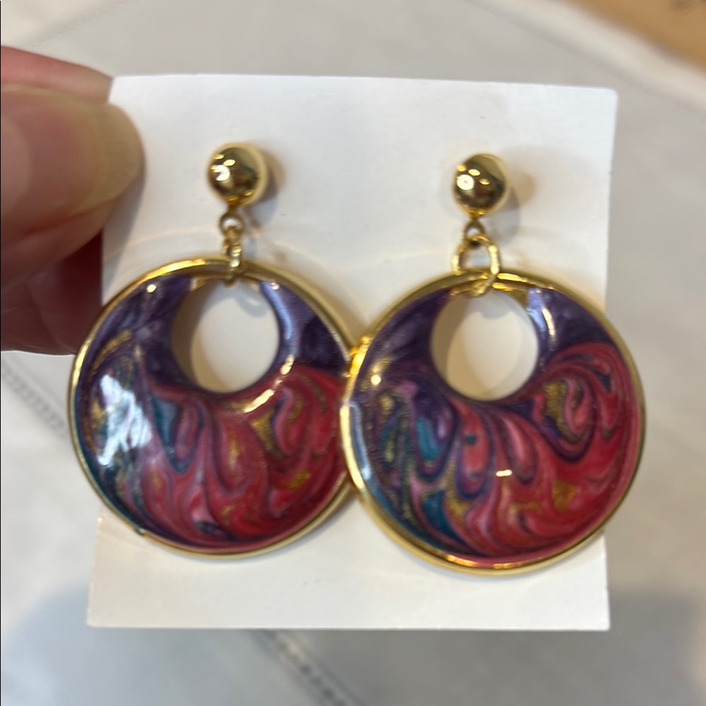 Vintage Enamel Swirl Jewel Toned Earrings